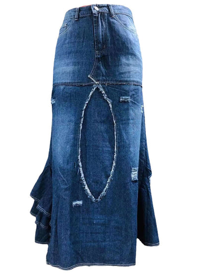 Saia de jeans irregular de retalhos de tamanho grande