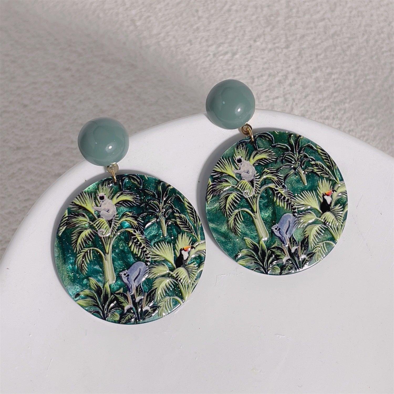 Green Primitive Forest Relief Print Earrings