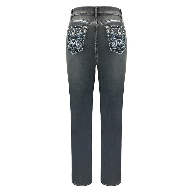 Vintage Embroidered Flared Denim High Waist Pants