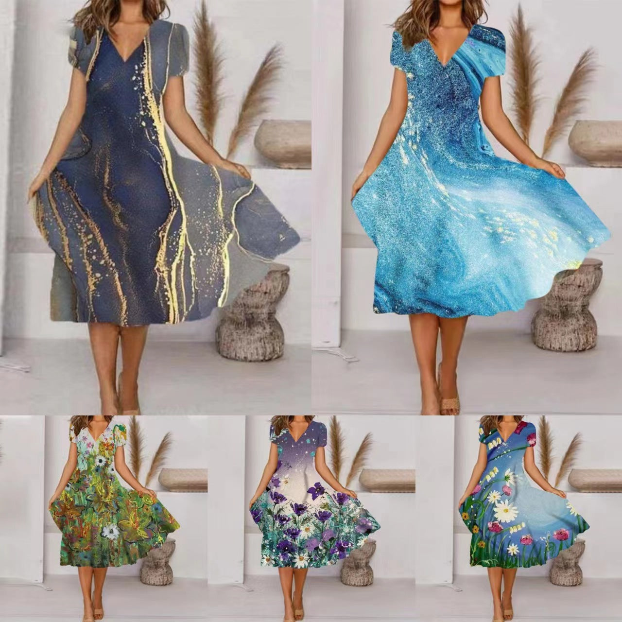 Vintage Floral Printed Casual Dresses