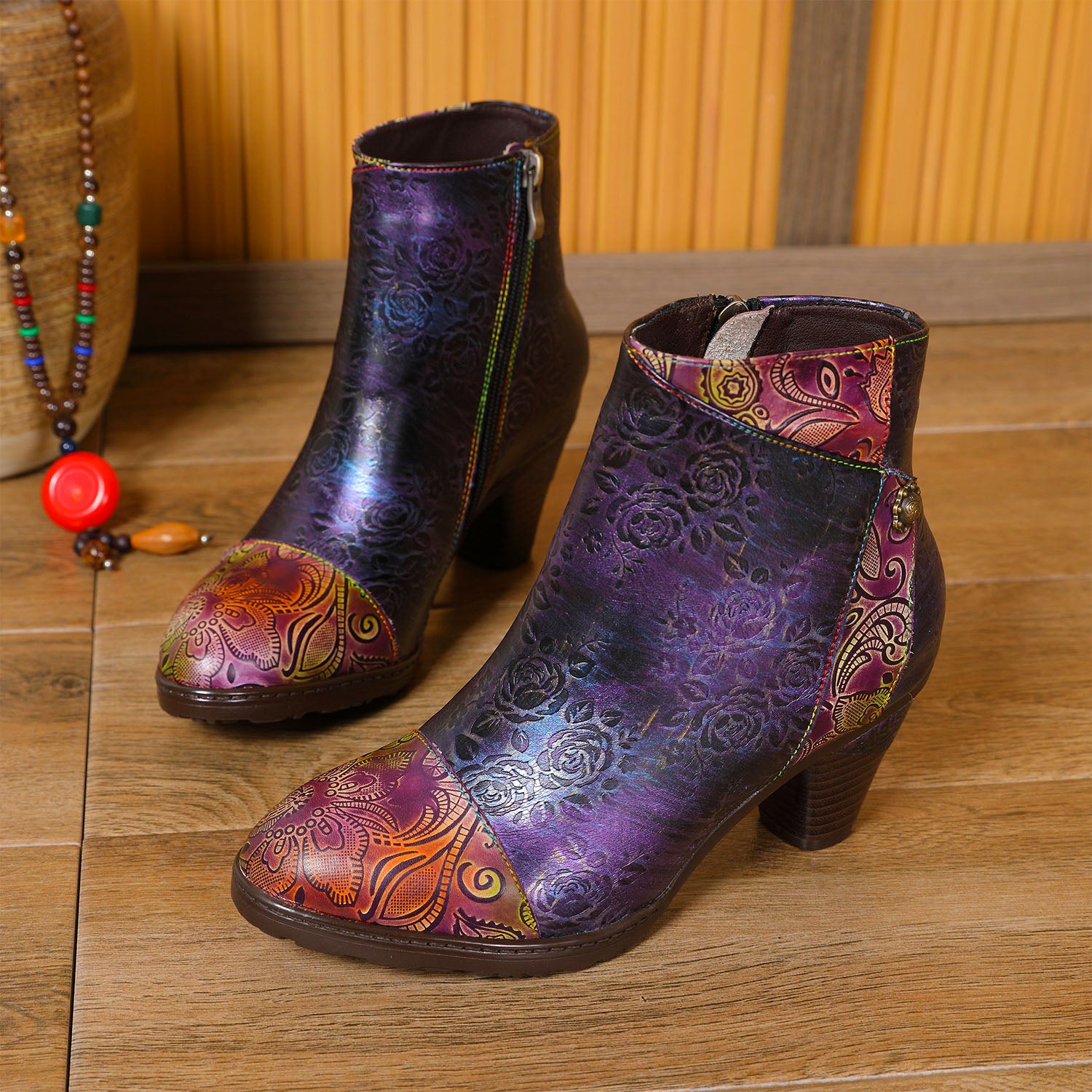 Botas de costura floral hechas a mano retro