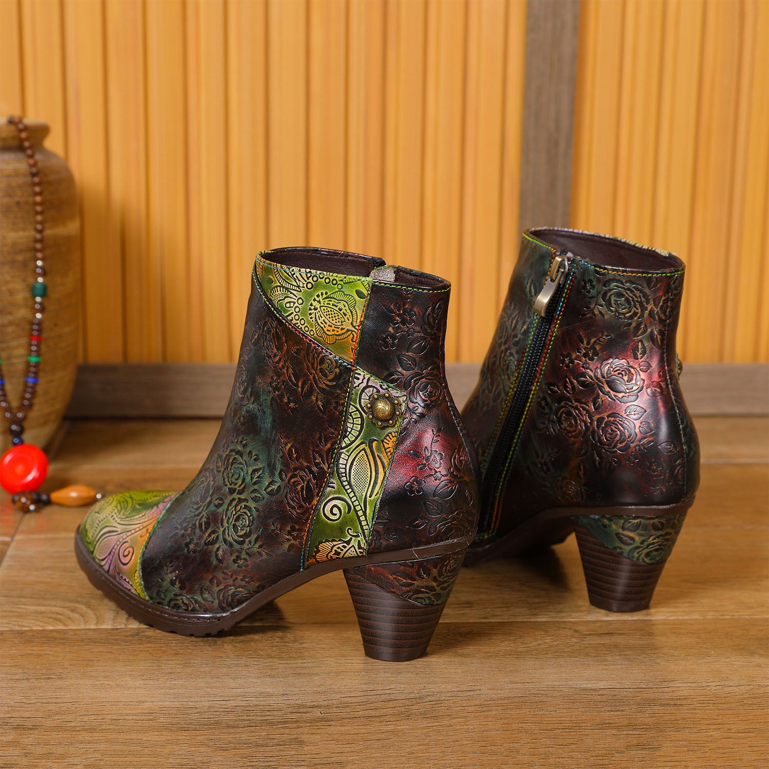 Botas de costura floral hechas a mano retro