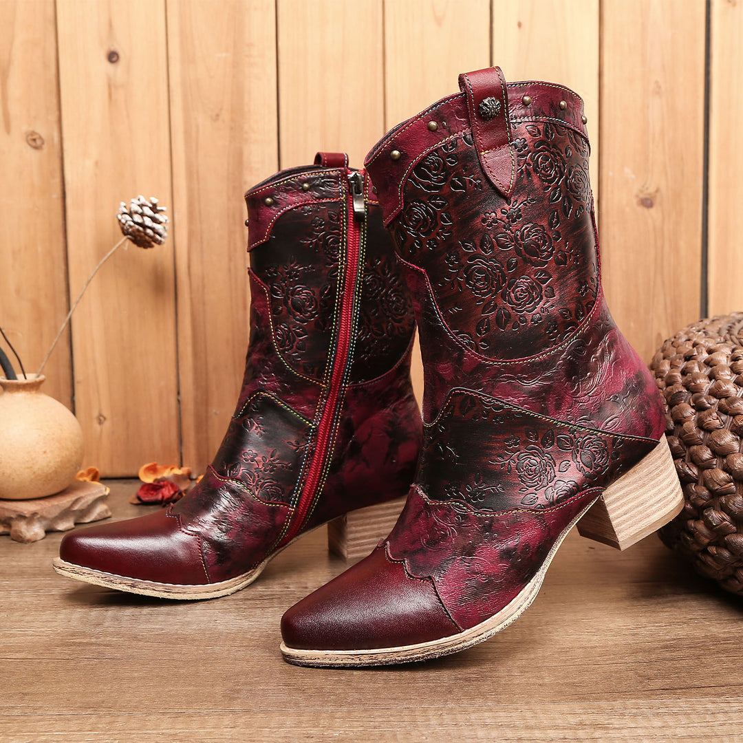 Retro Pointed Handmade Printed Boots