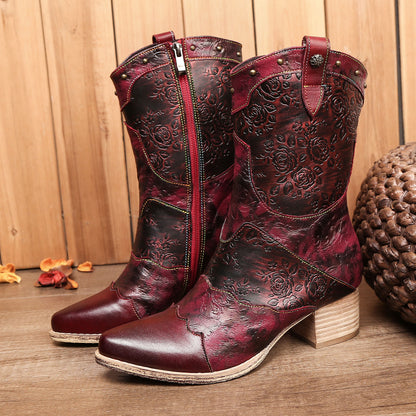 Retro Pointed Handmade Printed Boots