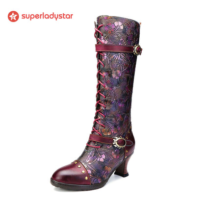 Warm Embossed Real Leather Dragonfly Boots