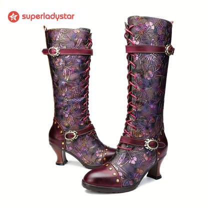 Warm Embossed Real Leather Dragonfly Boots