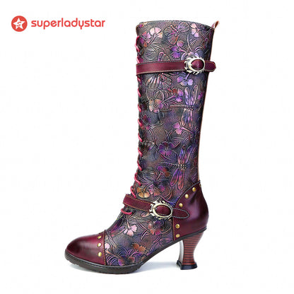 Warm Embossed Real Leather Dragonfly Boots