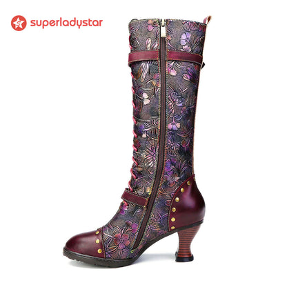 Warm Embossed Real Leather Dragonfly Boots