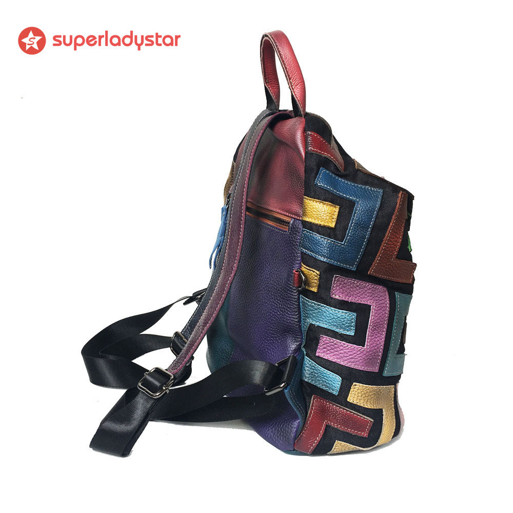 Retro Casual Leather Color Patchwork Backpack
