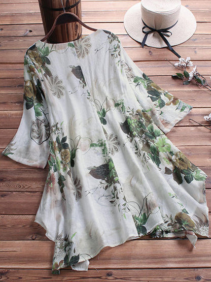 Flowered Printed Loose Asymmetric Blouse