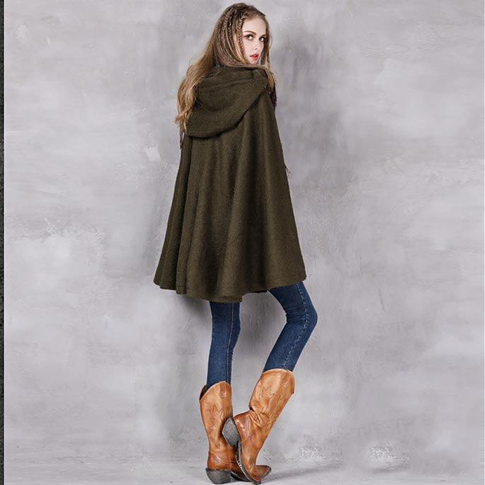 Women's Hoodie Embroidery Turn-Down Collar Woolen Cape One Size