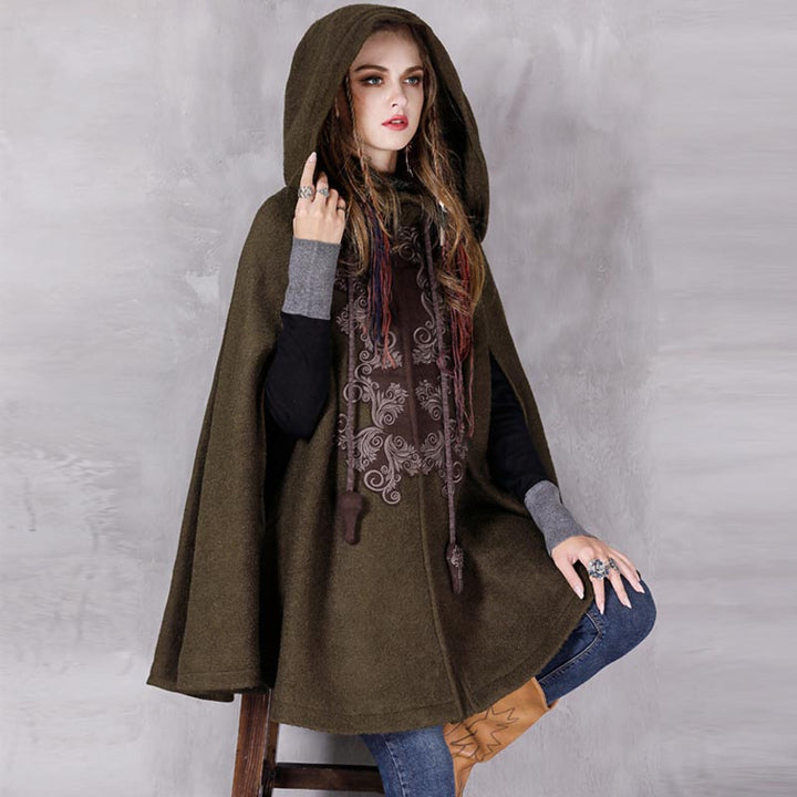 Women's Hoodie Embroidery Turn-Down Collar Woolen Cape One Size