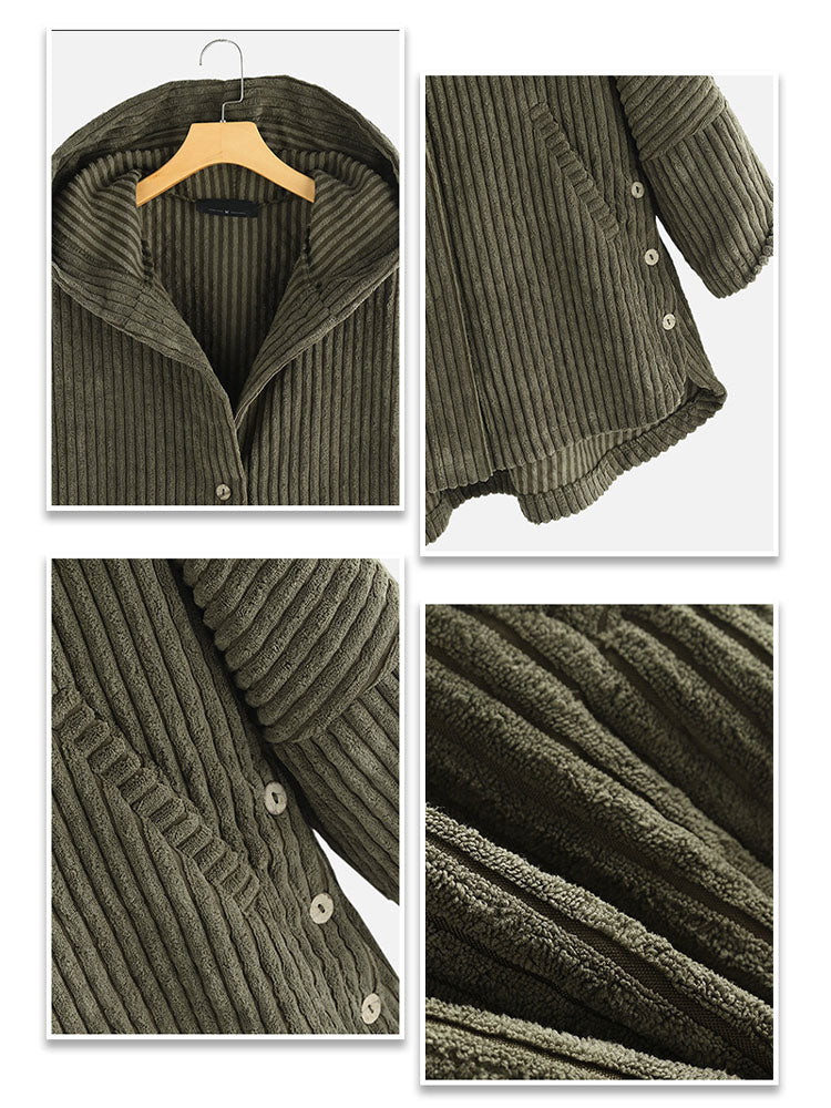 Plus Size Women Fleece Button Pocket Hooded Coat
