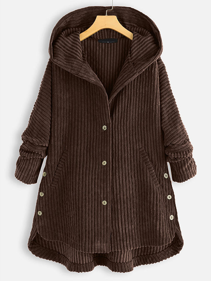 Plus Size Women Fleece Button Pocket Hooded Coat