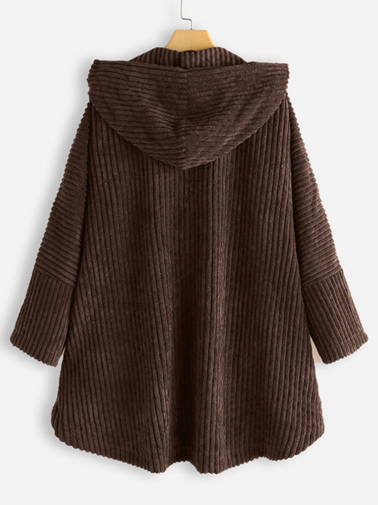 Plus Size Women Fleece Button Pocket Hooded Coat
