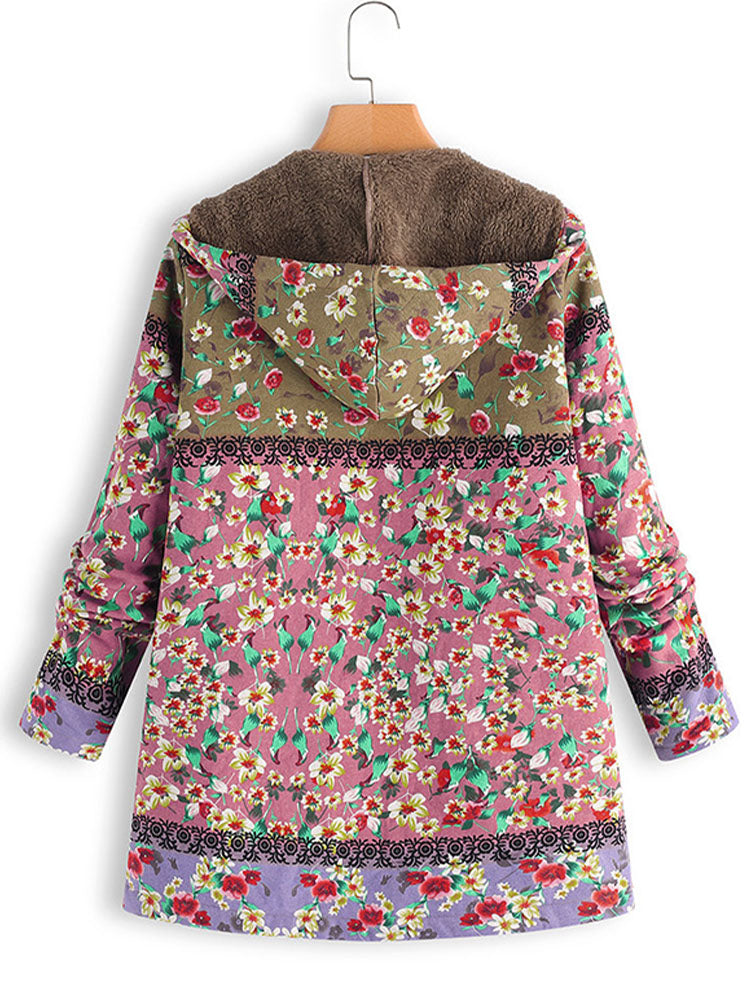 Retro Long-Sleeved Hooded Floral Thick Coat