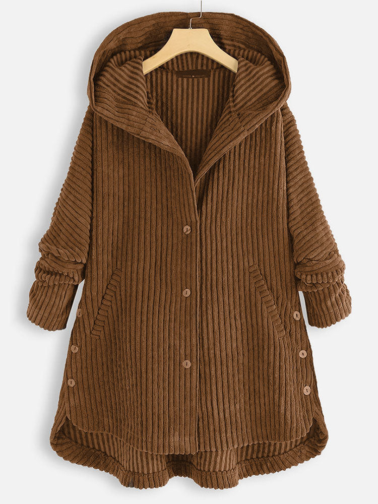 Plus Size Women Fleece Button Pocket Hooded Coat