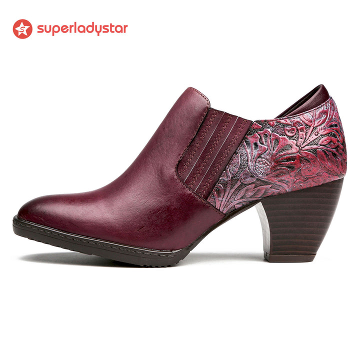 Hand-Embossed Retro Leaf Pattern Leather Pumps