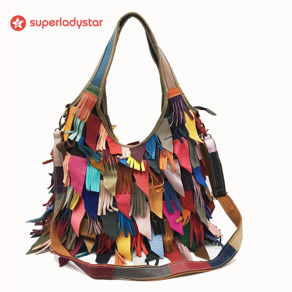 Retro Cowhide Color Fringe Handbag