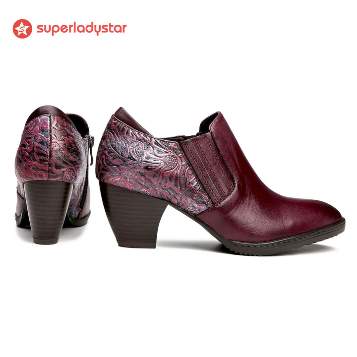 Hand-Embossed Retro Leaf Pattern Leather Pumps