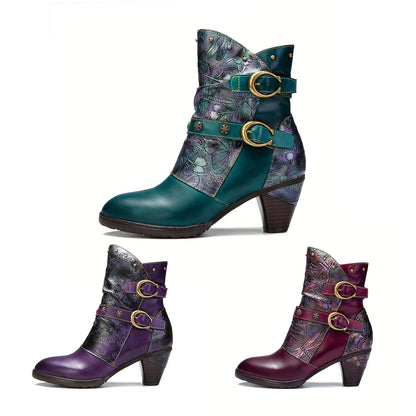 Retro Painted Genuine Leather Clasp Ankle Boots