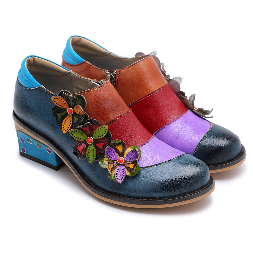 Retro Flowers Splicing Genuine Leather Comfortable Flat Shoes