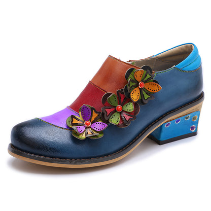 Retro Flowers Splicing Genuine Leather Comfortable Flat Shoes