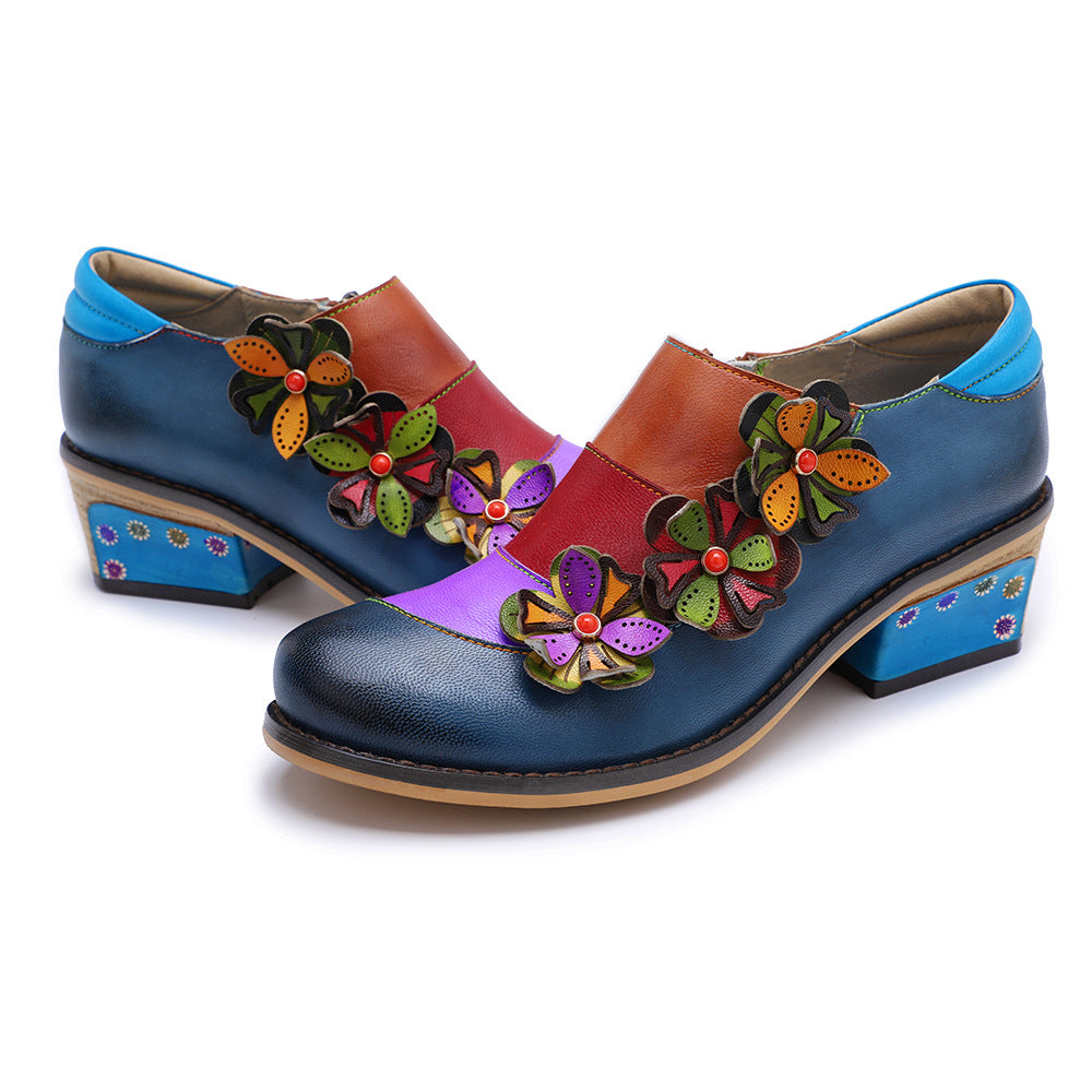 Flores retro que empalme de cuero genuino zapatos planos cómodos