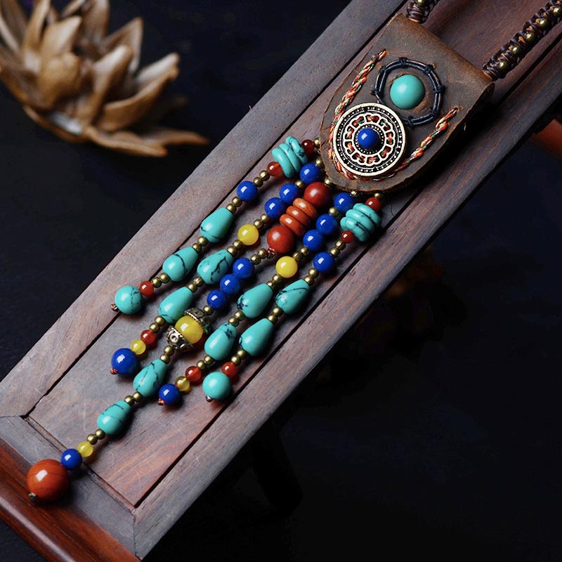 Ethnic Leather Bead Long Necklace