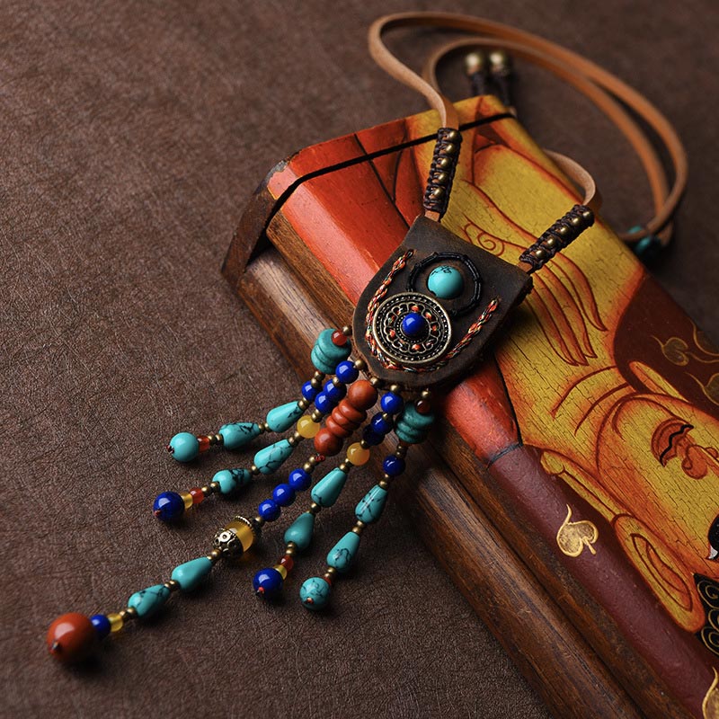 Ethnic Leather Bead Long Necklace