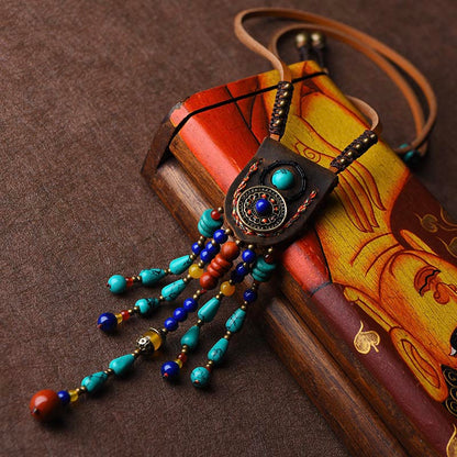 Ethnic Leather Bead Long Necklace