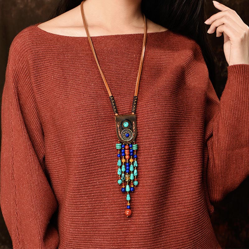 Ethnic Leather Bead Long Necklace