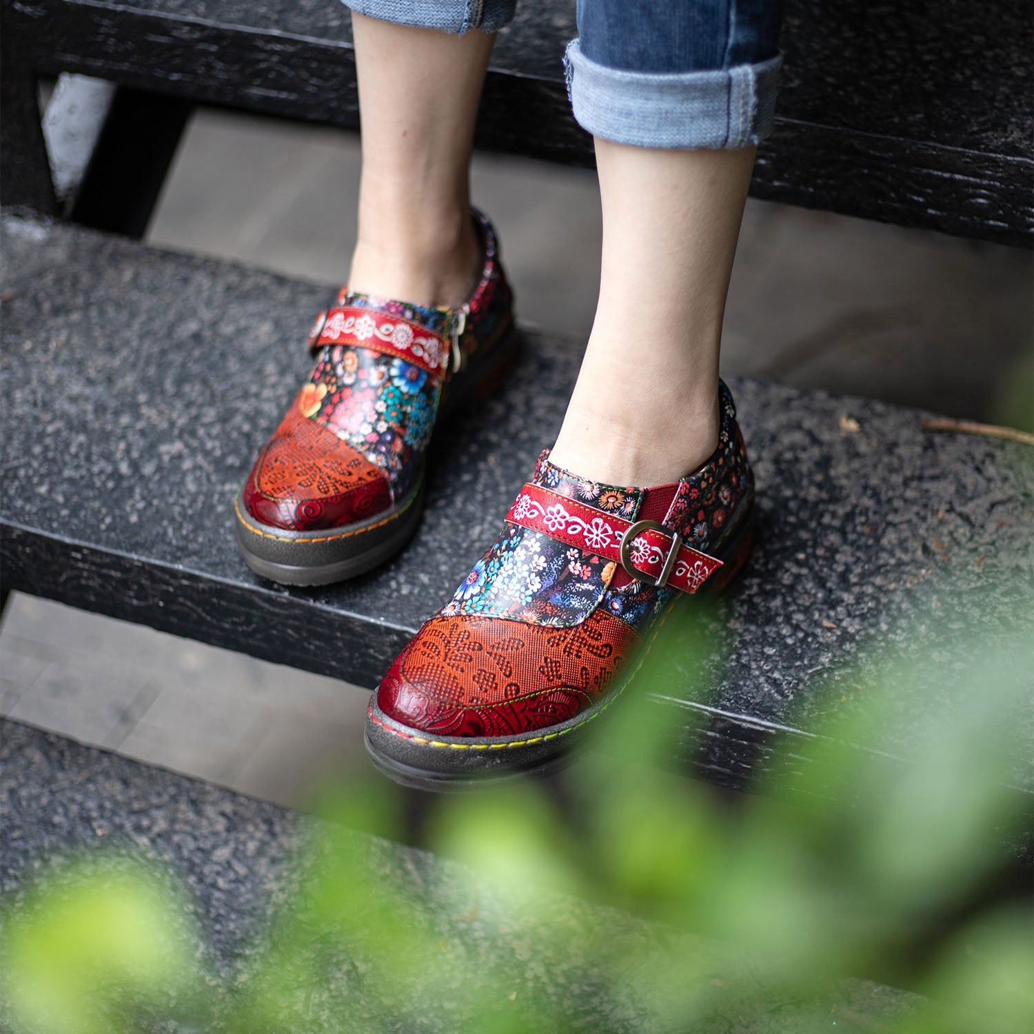 Pair rond en cuir fait à la main chaussures plates imprimées