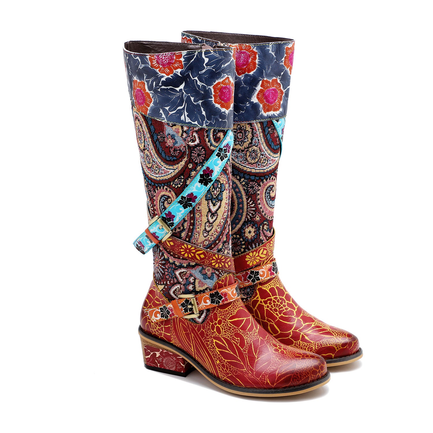 Botas de relevo floral feitas à mão retro