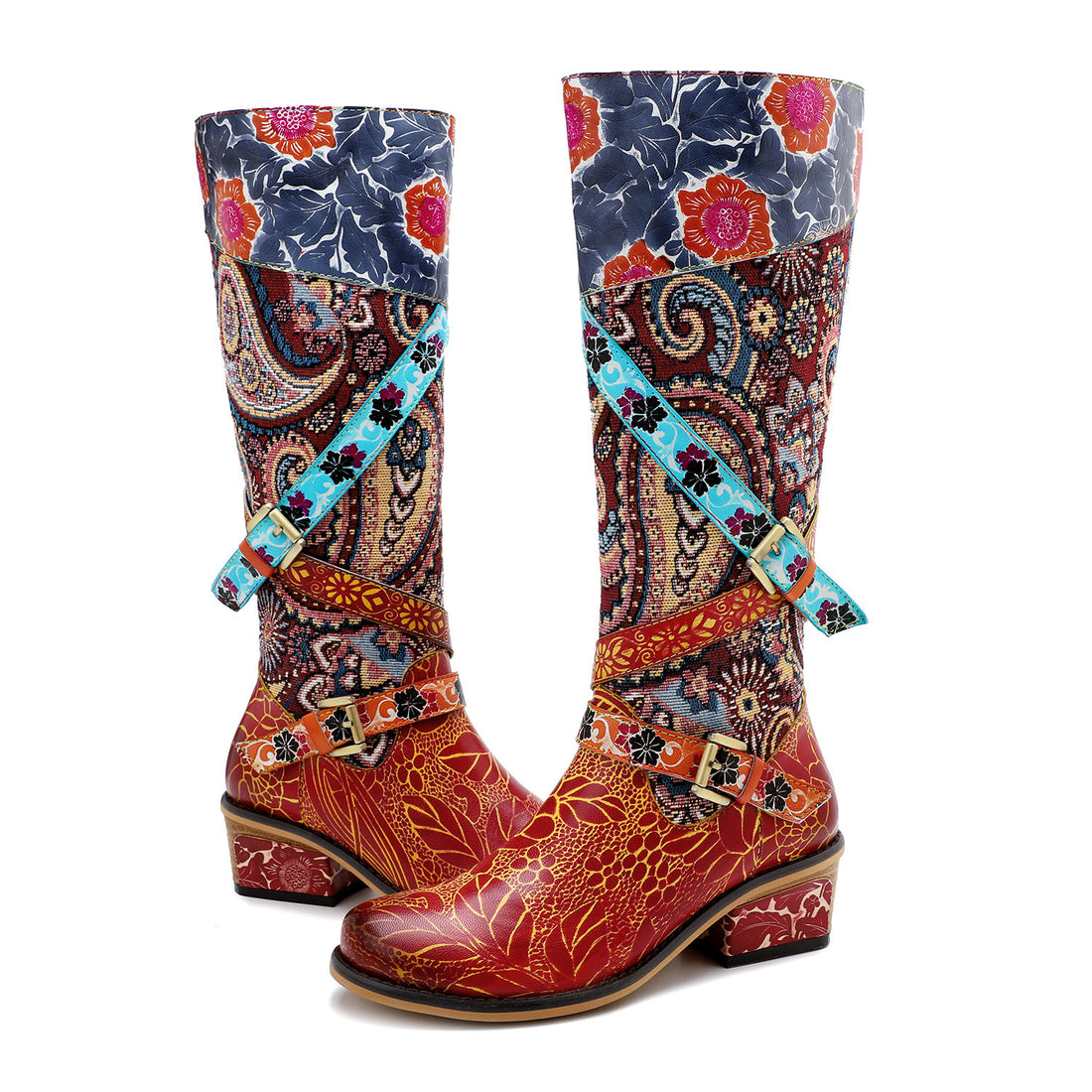 Botas de relevo floral feitas à mão retro