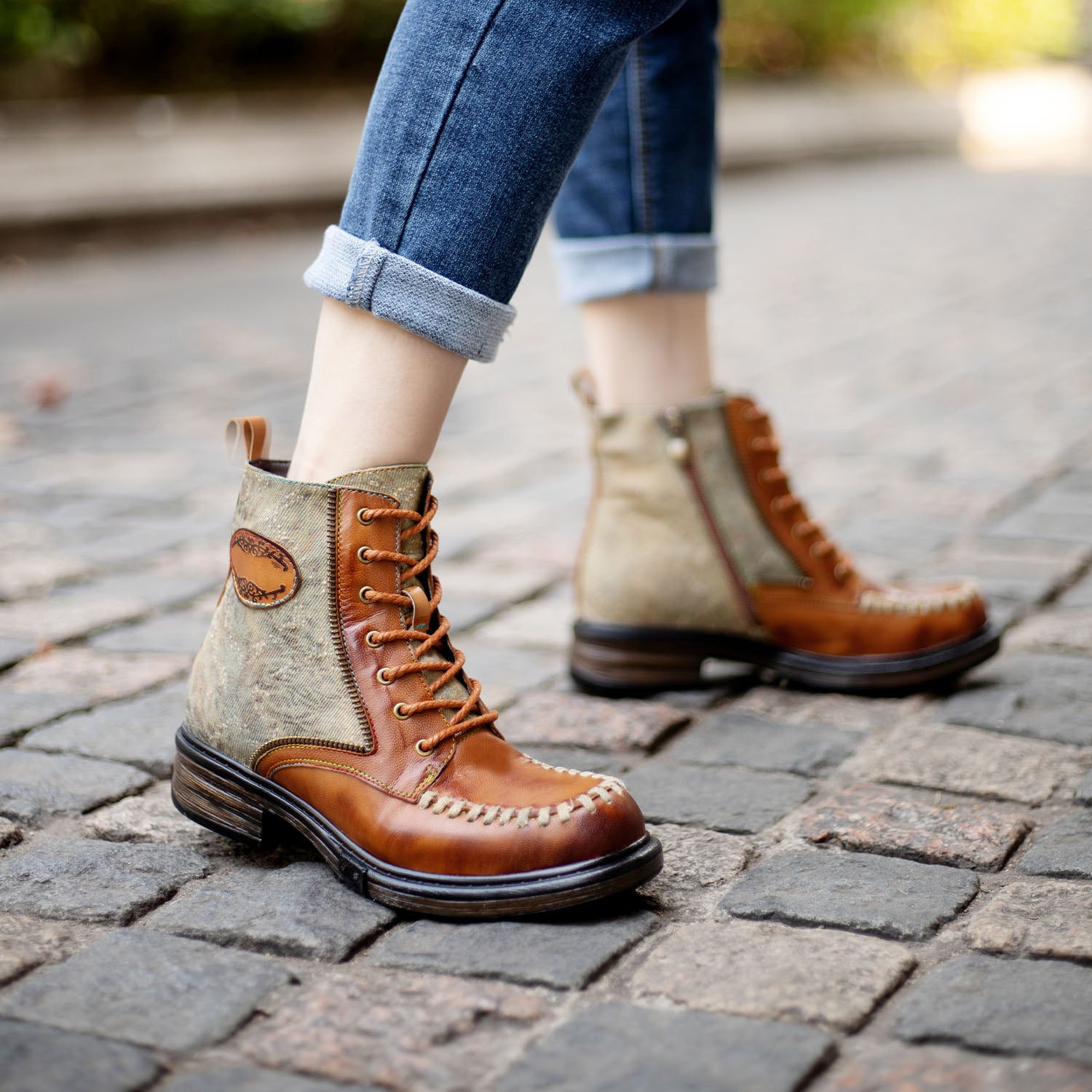 Women Vintage Genuine Leather Stitching Low Heel Shoes AS1015 main image 1