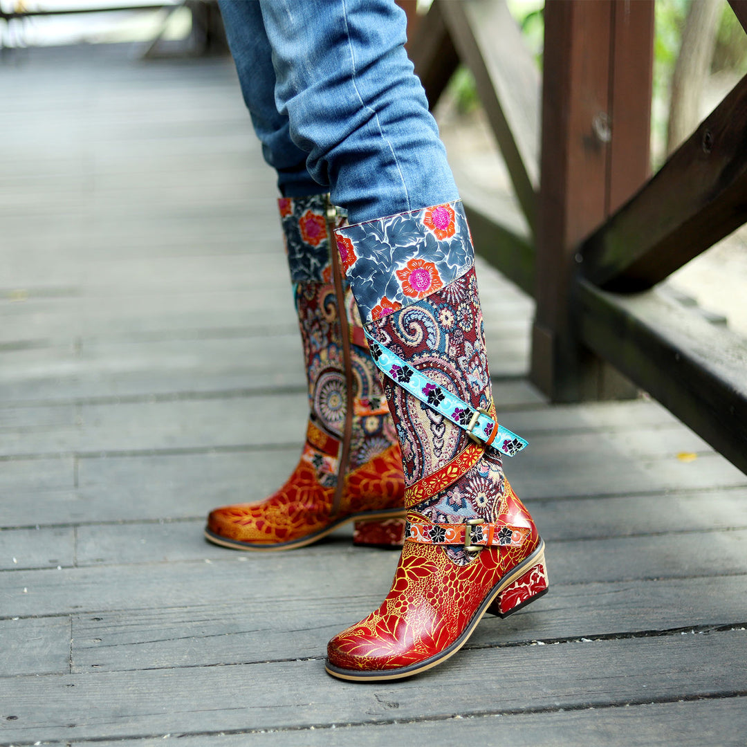 Retro Handmade Floral Embossed Boots