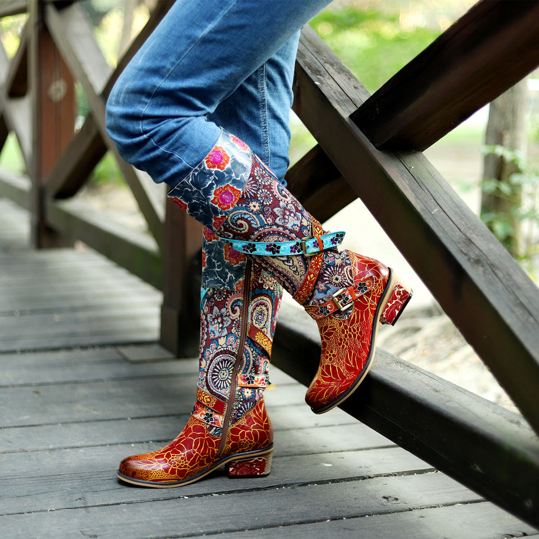 Retro Handmade Floral Embossed Boots