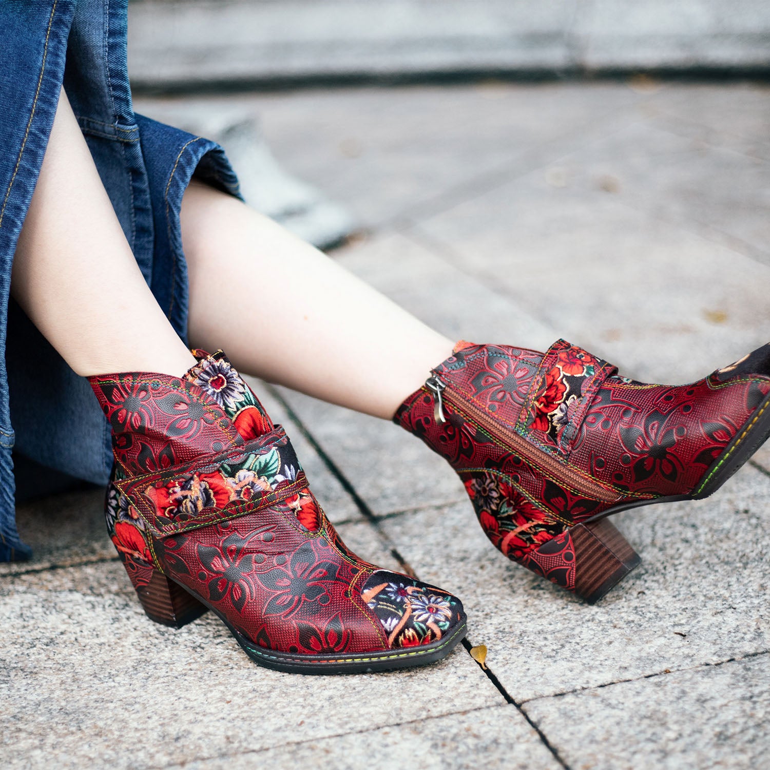 Vintage Floral Printed Leather Boots