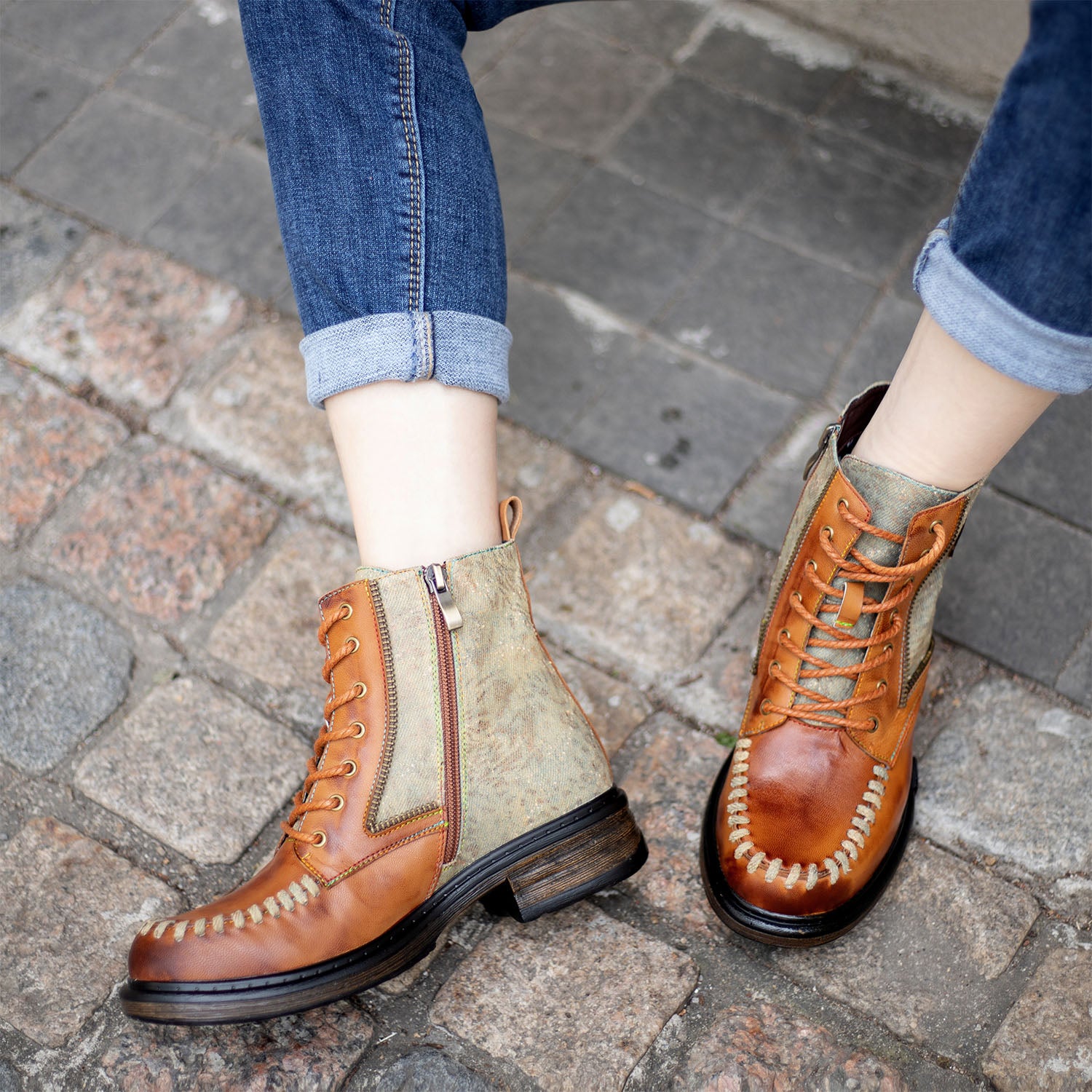 Vintage Stitching Low Heel Ankle Boots