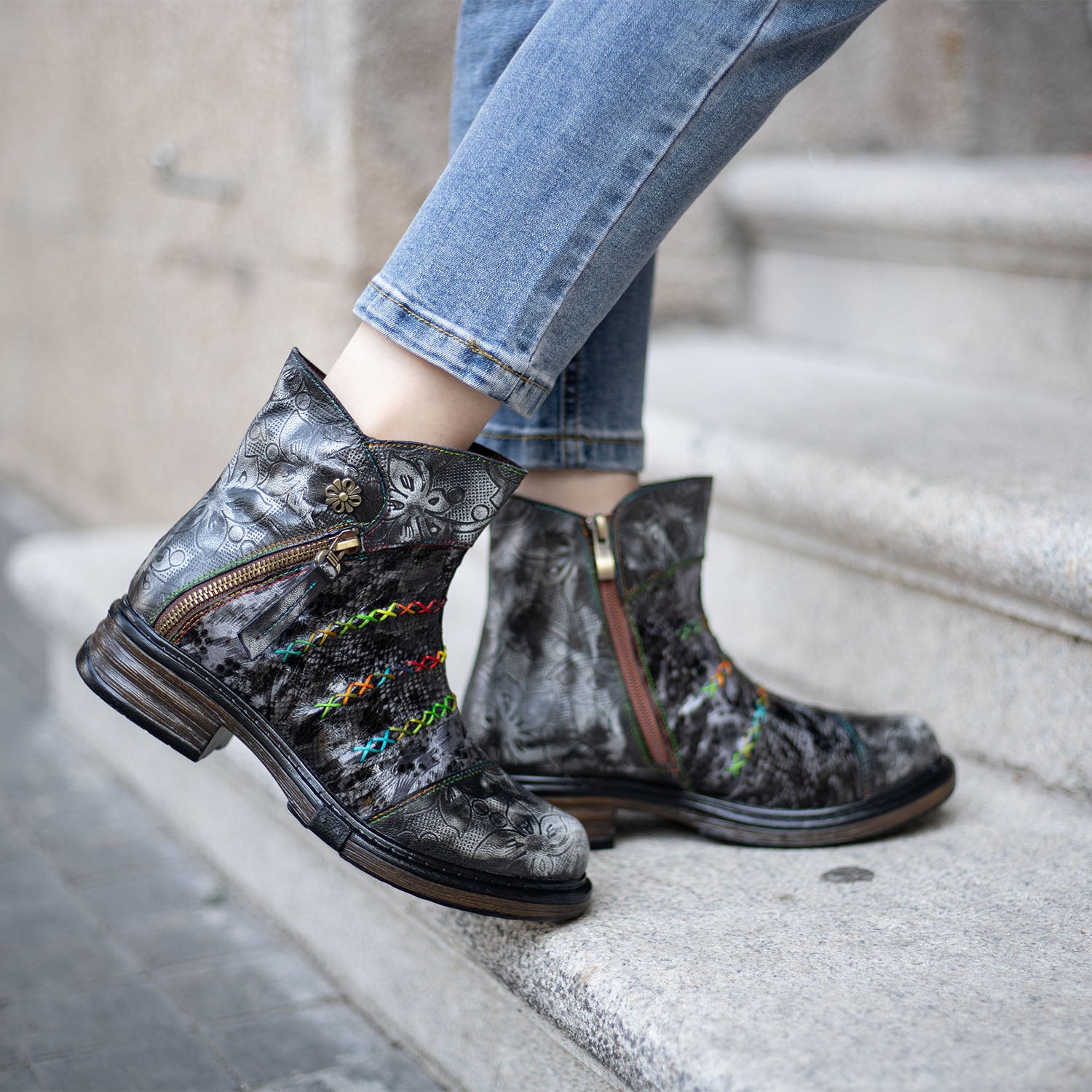 Handmade Rainbow line Real Leather Ankle Boots