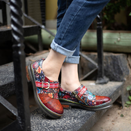 Handmade Leather Round Toe Printed Flat Shoes