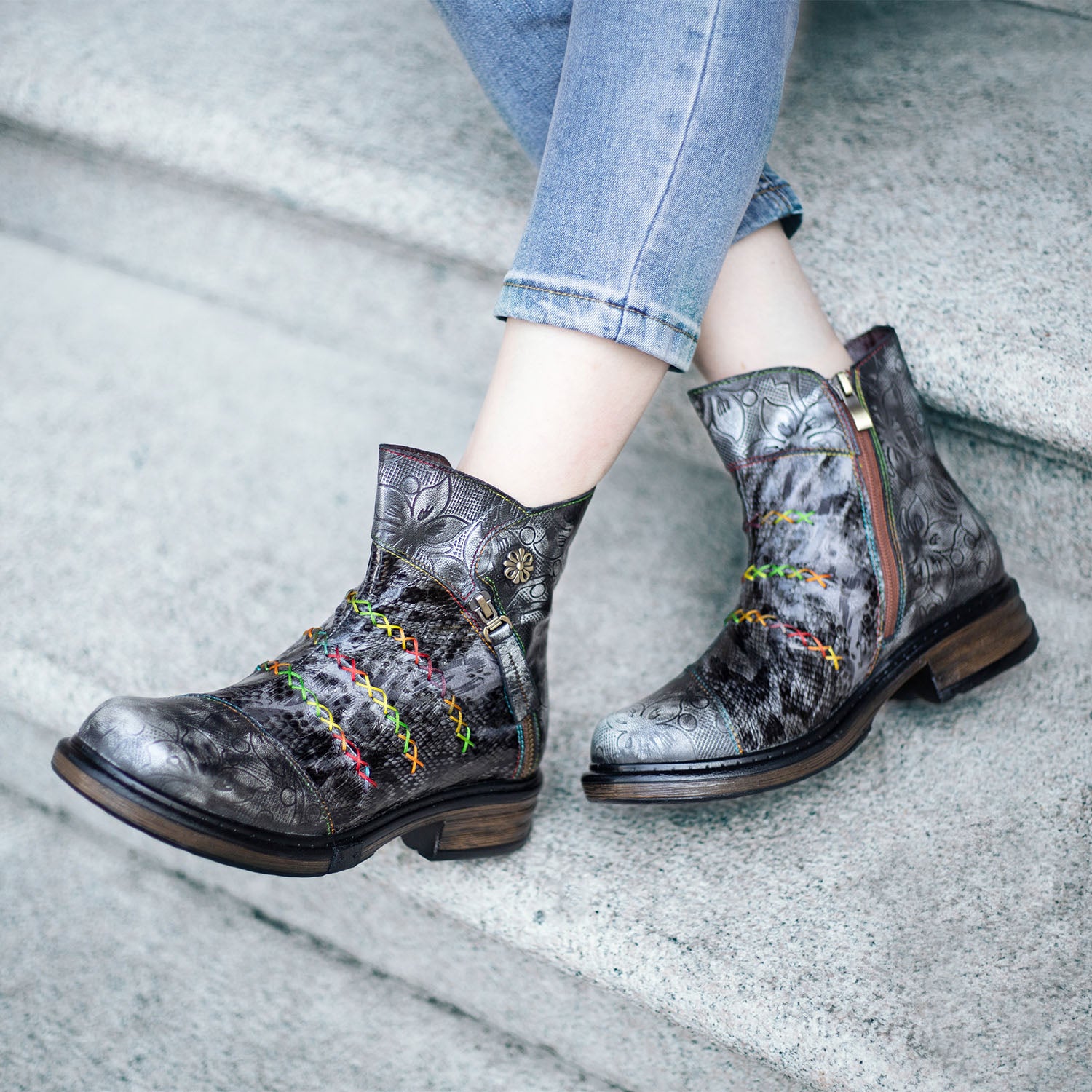 Handmade Rainbow line Real Leather Ankle Boots