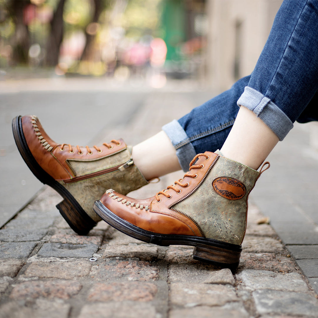 Vintage Stitching Low Heel Ankle Boots