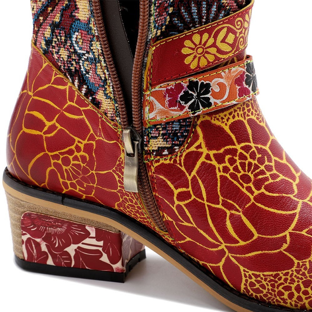 Botas de relevo floral feitas à mão retro