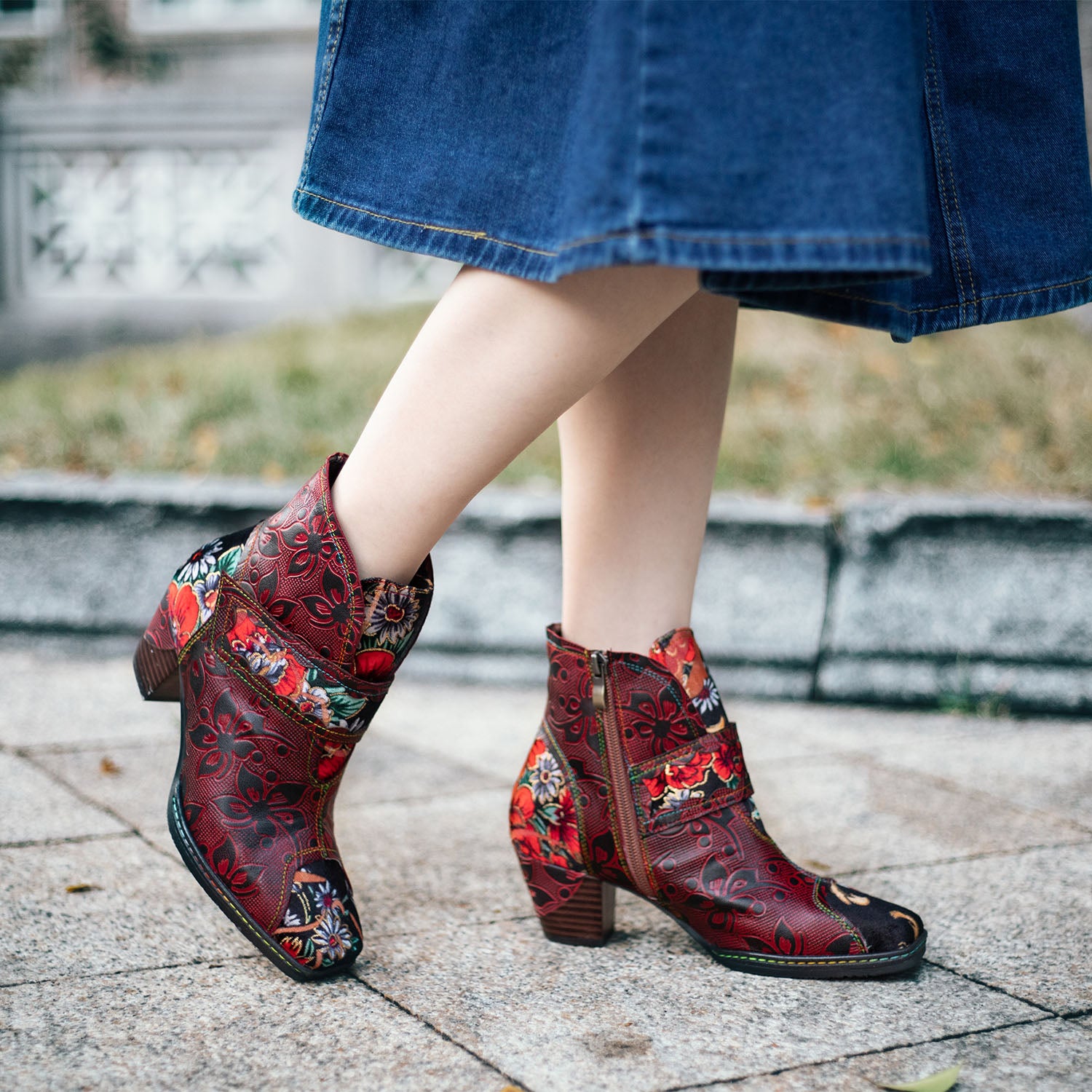 Vintage Floral Printed Leather Boots