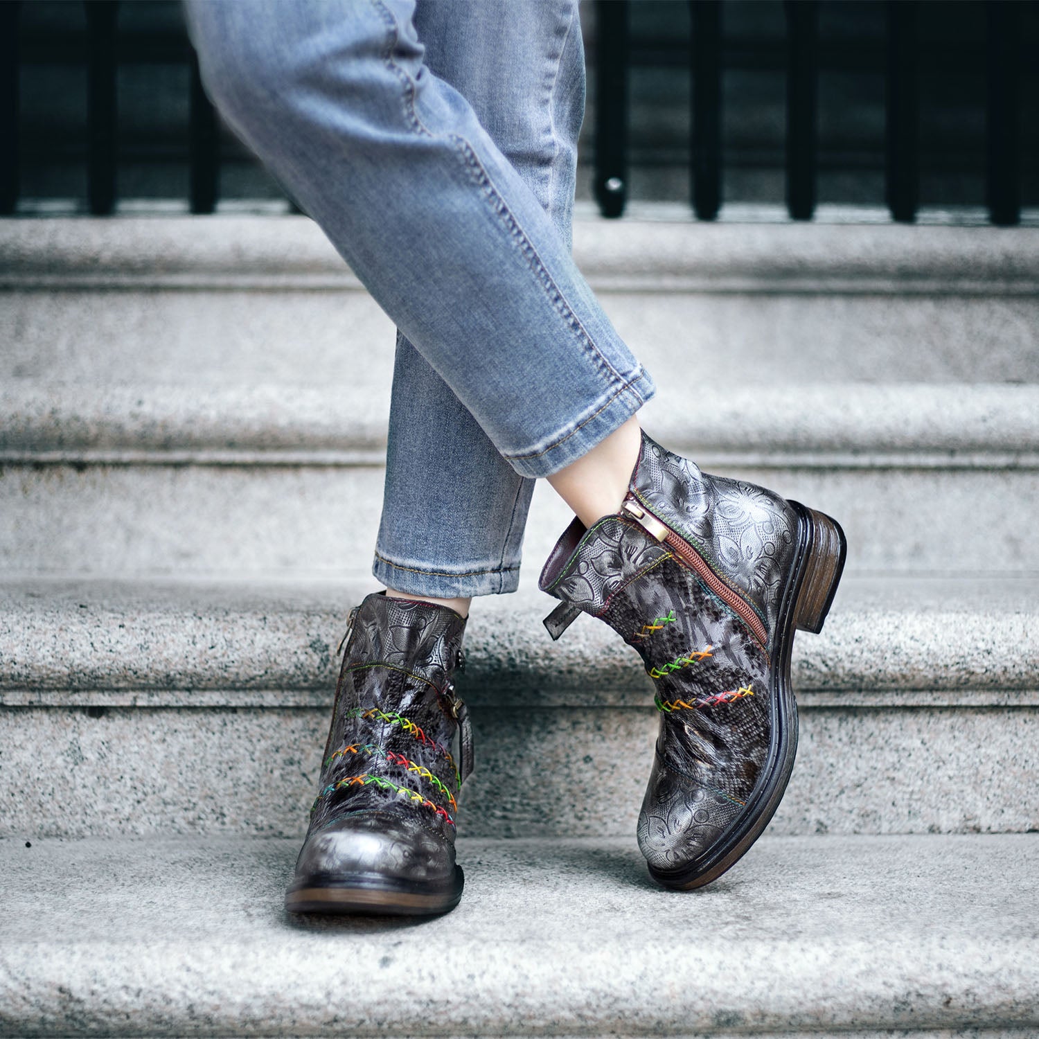 Handmade Rainbow line Real Leather Ankle Boots