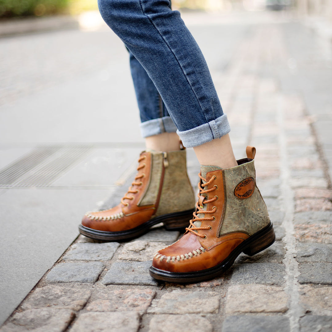 Vintage Stitching Low Heel Ankle Boots