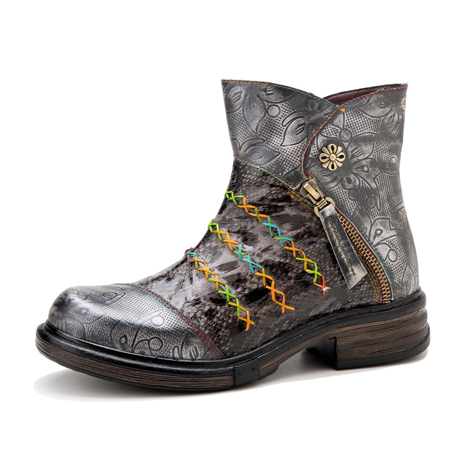 Handmade Rainbow line Real Leather Ankle Boots