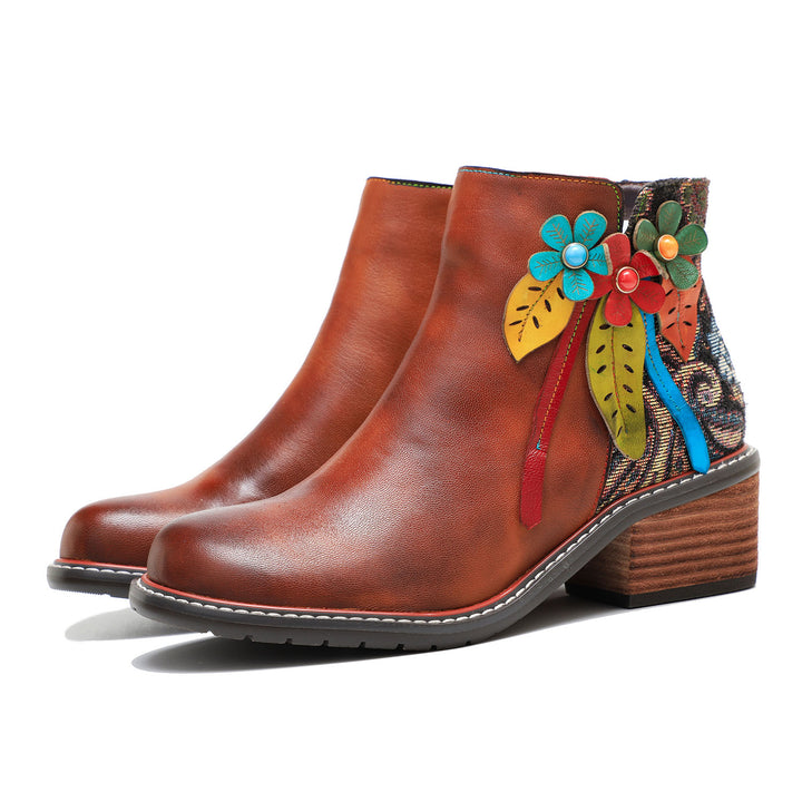 Vintage Handmade Leather Floral Ankle Boots